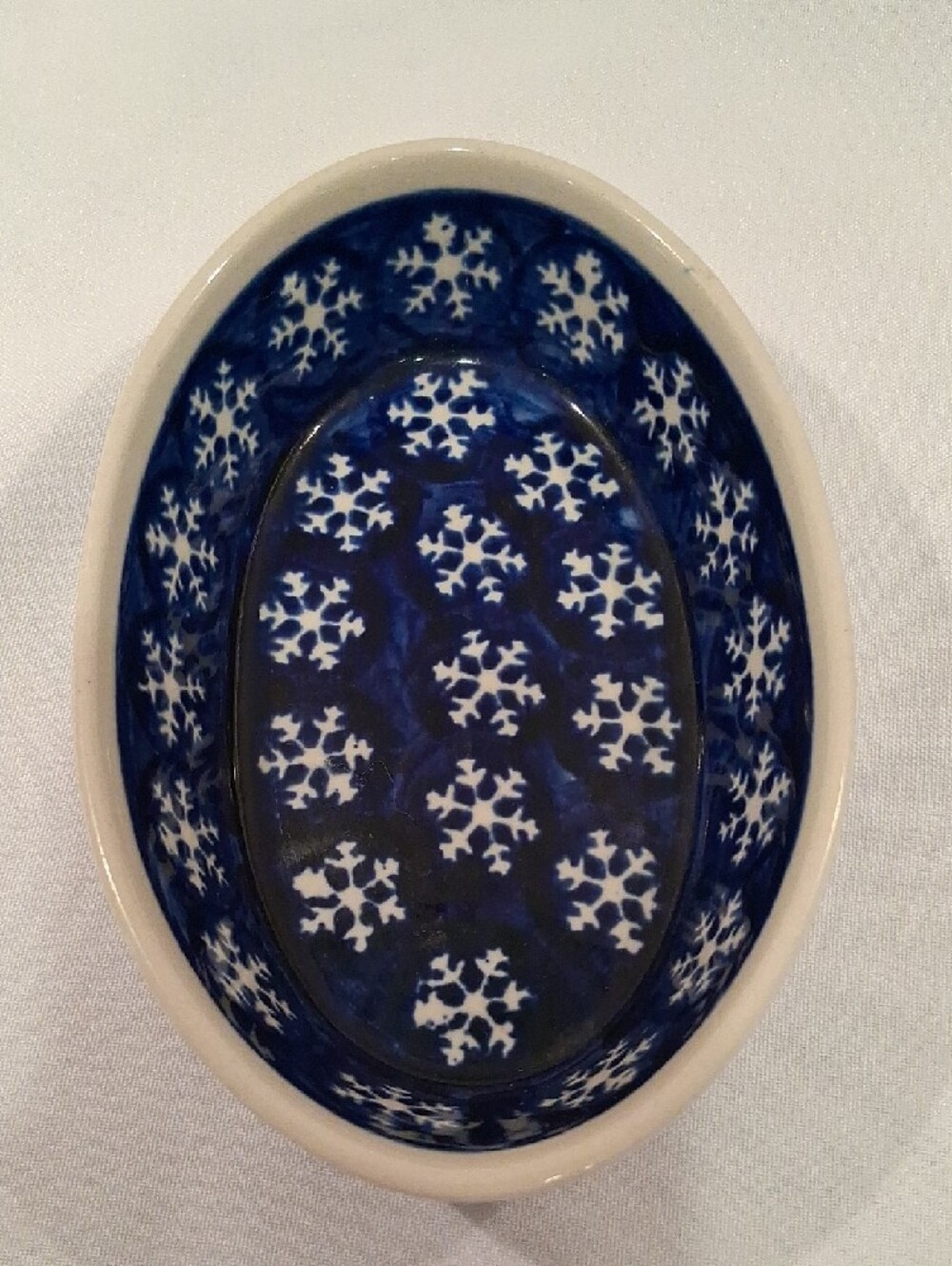 Boleslawiec Blue White Snowflake Ceramic Oval Dish Handmade In Poland - Picture 3 of 5